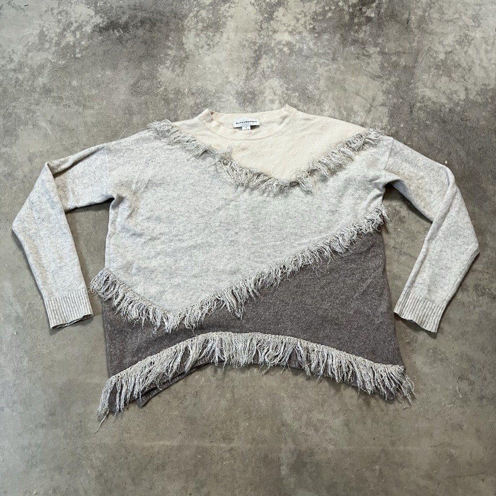 White + Warren 100% Cashmere Sweater Womens Size S Fringe Intarsia Glacier Gray